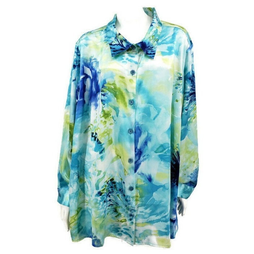 NWOT Susan Graver Blouse 2X Aqua Blue Green Long Sleeve Button Down Floral
